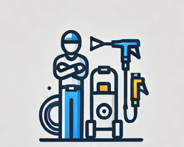 Illustration of a person with blue pants, standing beside a pressure washer and hose, ready to clean.