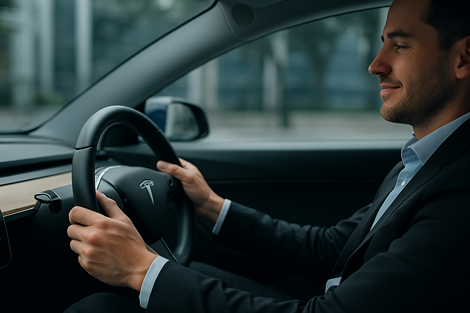 Man in a suit driving a car, smiling, hands on the steering wheel, blurred background, indoors.