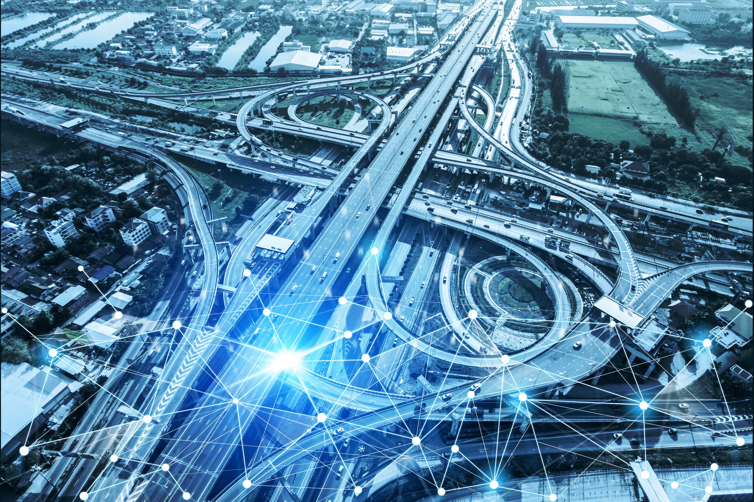 Smart transport technology concept for future car traffic on road . Virtual intelligent system makes digital information analysis to connect data of vehicle on city street . Futuristic innovation .