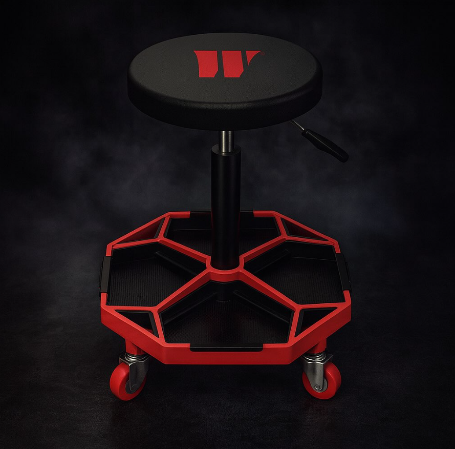 White saddle chair with backrest on casters with a split seat. Isolated on white background. Ergonomic lab chair.