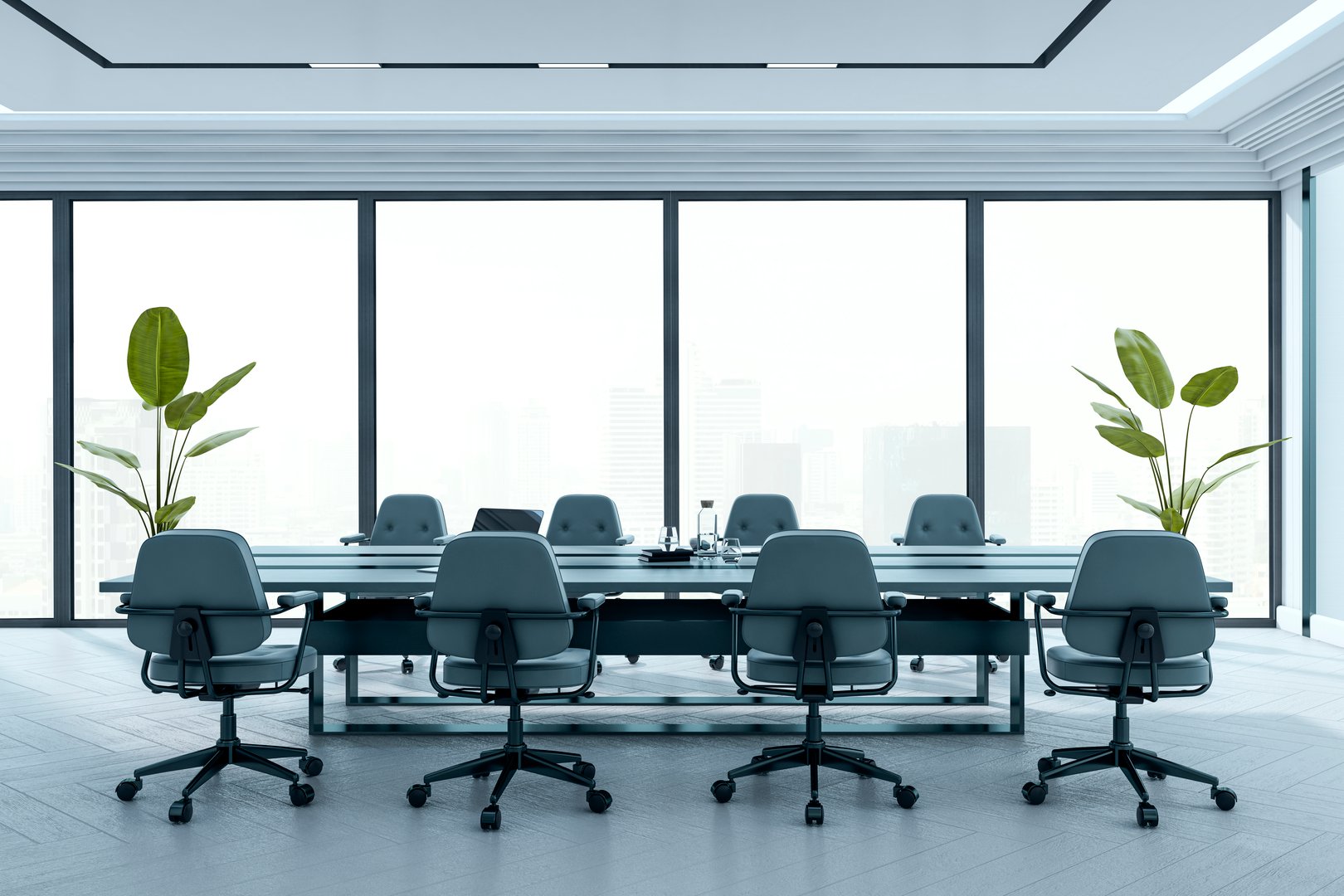 Sleek modern boardroom with luxury design, minimalist executive furniture, city view background, professional workspace concept. 3D Rendering