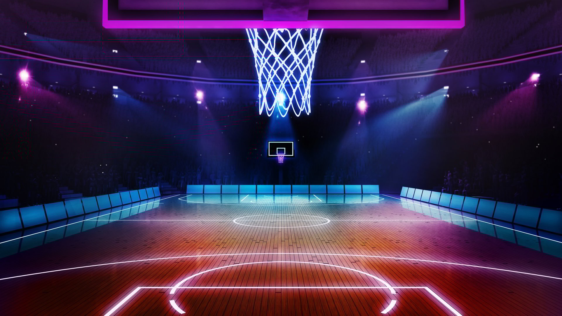 Basketball court in vibrant neon lights, with hoop above center of illuminated court. 3D render of stadium. Concept of professional sport, tournament, competition, live event