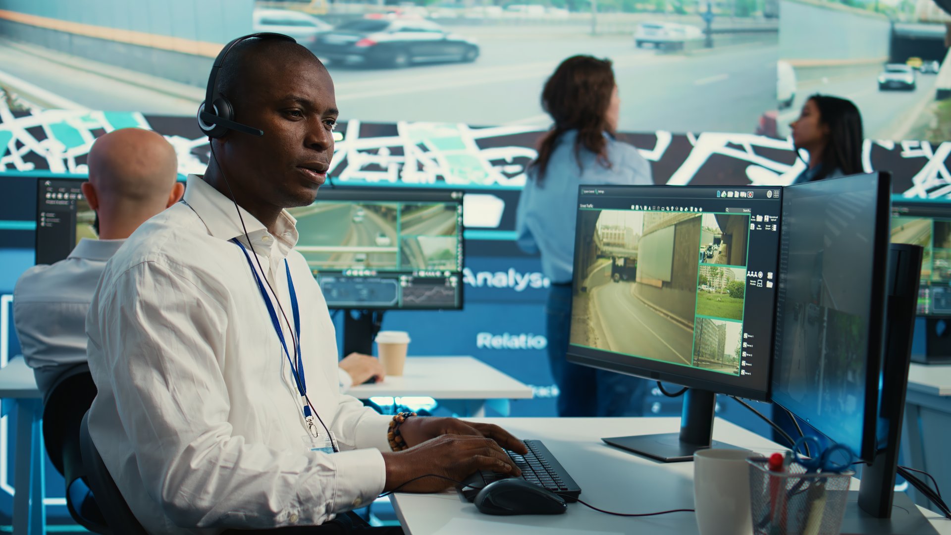 African american dispatch operator gives directions and gps coordinates of the location to the delivery truck driver, following the orders on satellite map. Employee monitors traffic. Camera B.
