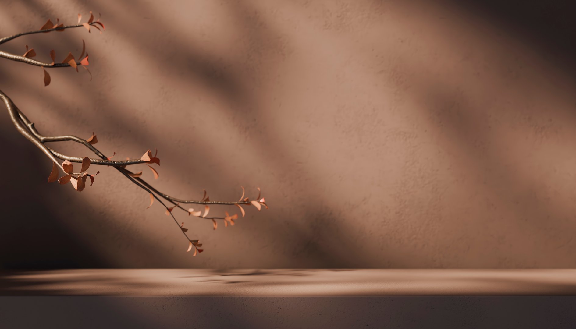 Minimal interior room with plant decor and sunlight shadow on brown wall. Autumn background for natural beauty and cosmetic product display mockup. Realistic 3d render