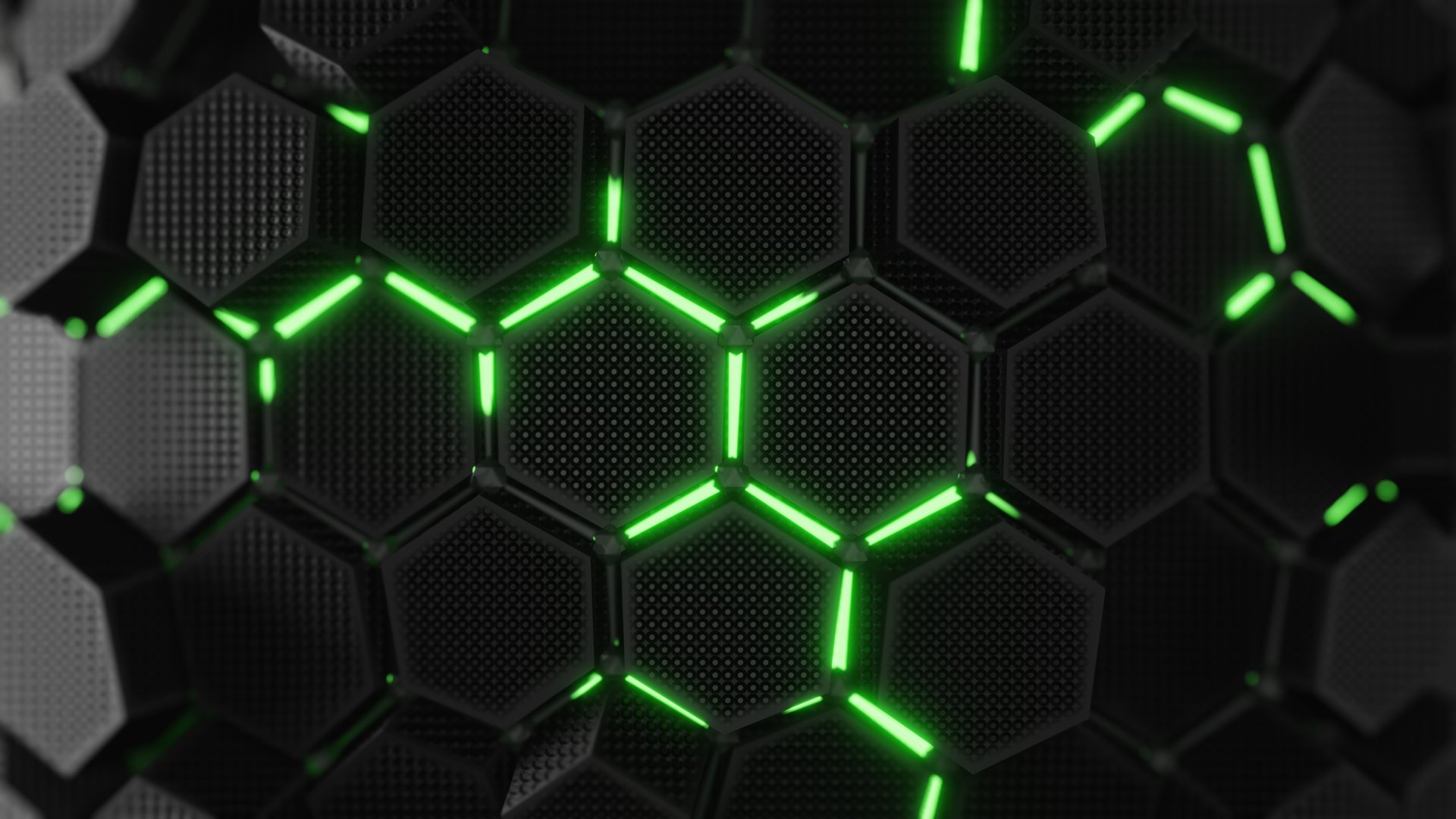 Closeup of a modern hexagonal pattern with bright green neon lighting, giving a futuristic and vibrant aesthetic
