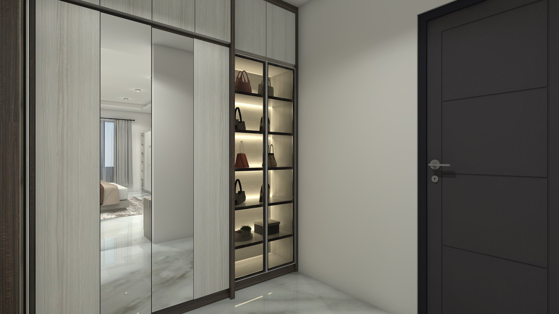 Clothes wardrobe design with sliding door cabinet and bag display collection. Using wooden and mirror cabinet door furnishing and lighting decoration.
