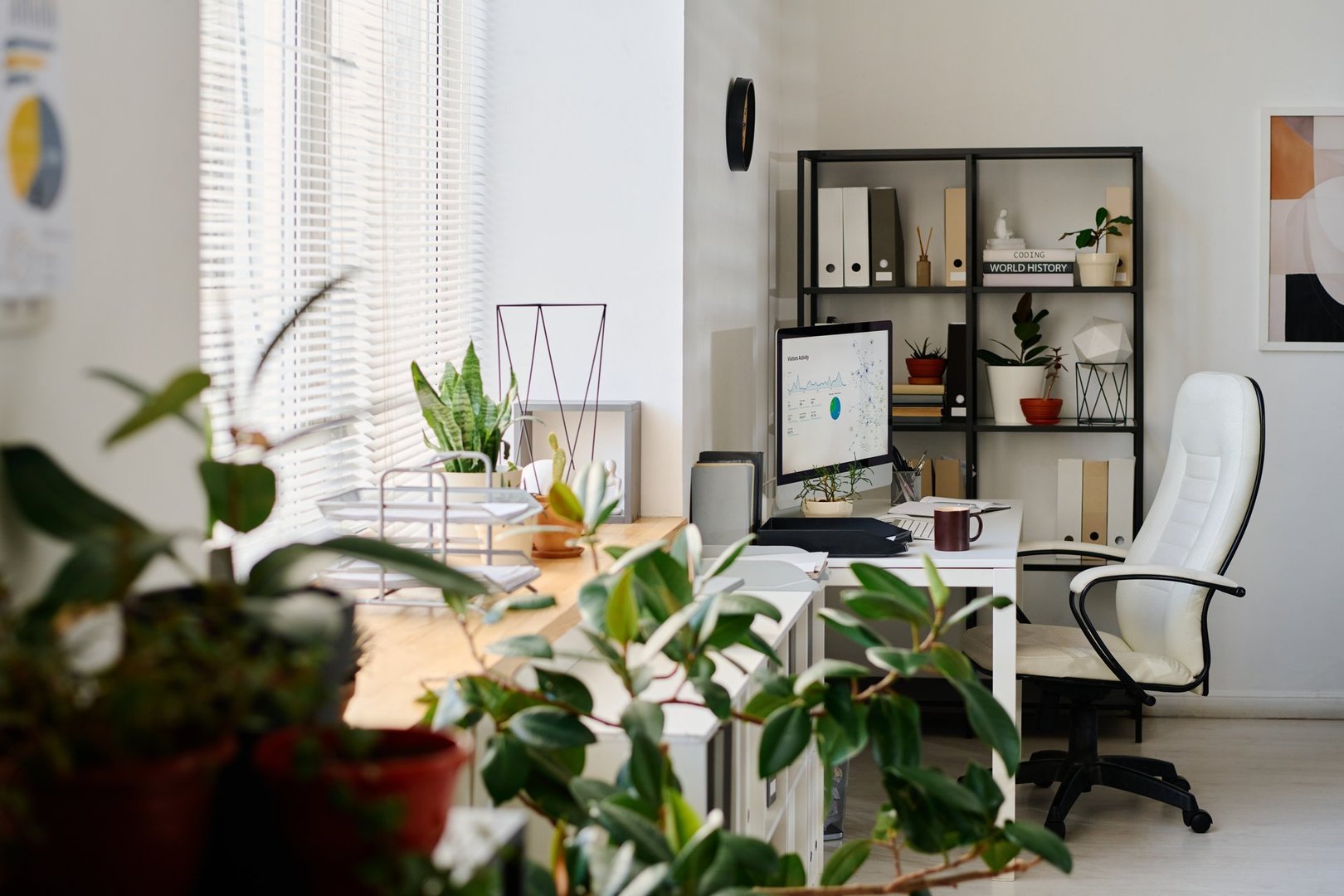 Brightly lit home office featuring white furniture, modern decor, and green plants, with computer setup and shelves organized with various items