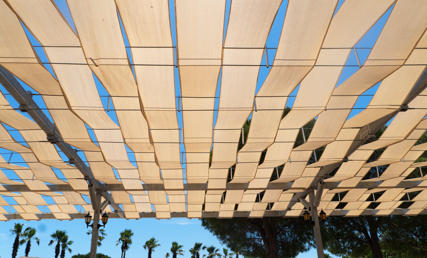 Transparent colored sunshade. Outdoor sunlight diffuser. White fabric awning with the palm tree background. White canvas sun