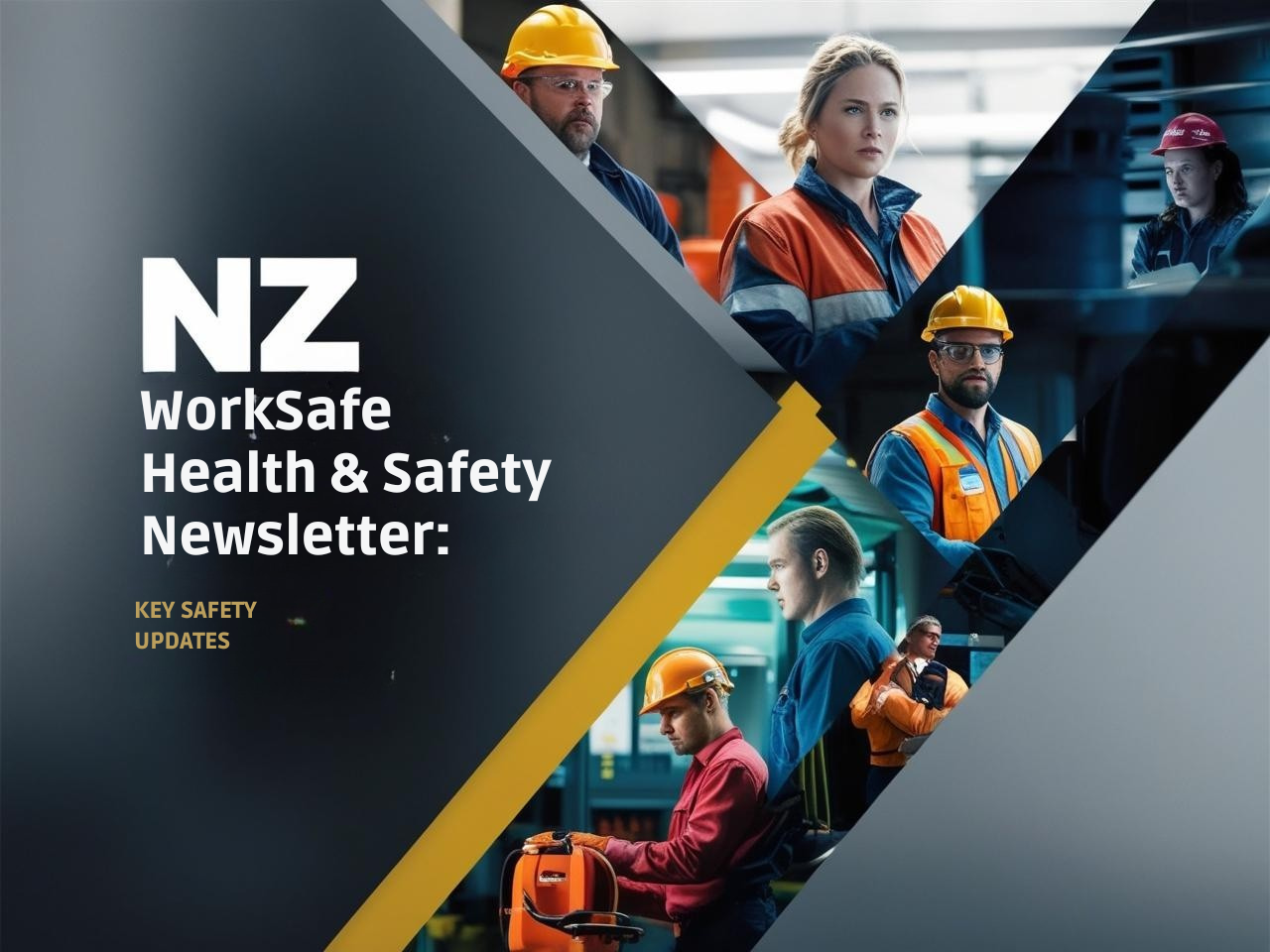 Cover of NZ WorkSafe Health &amp; Safety Newsletter featuring workers in safety gear and text on safety updates.