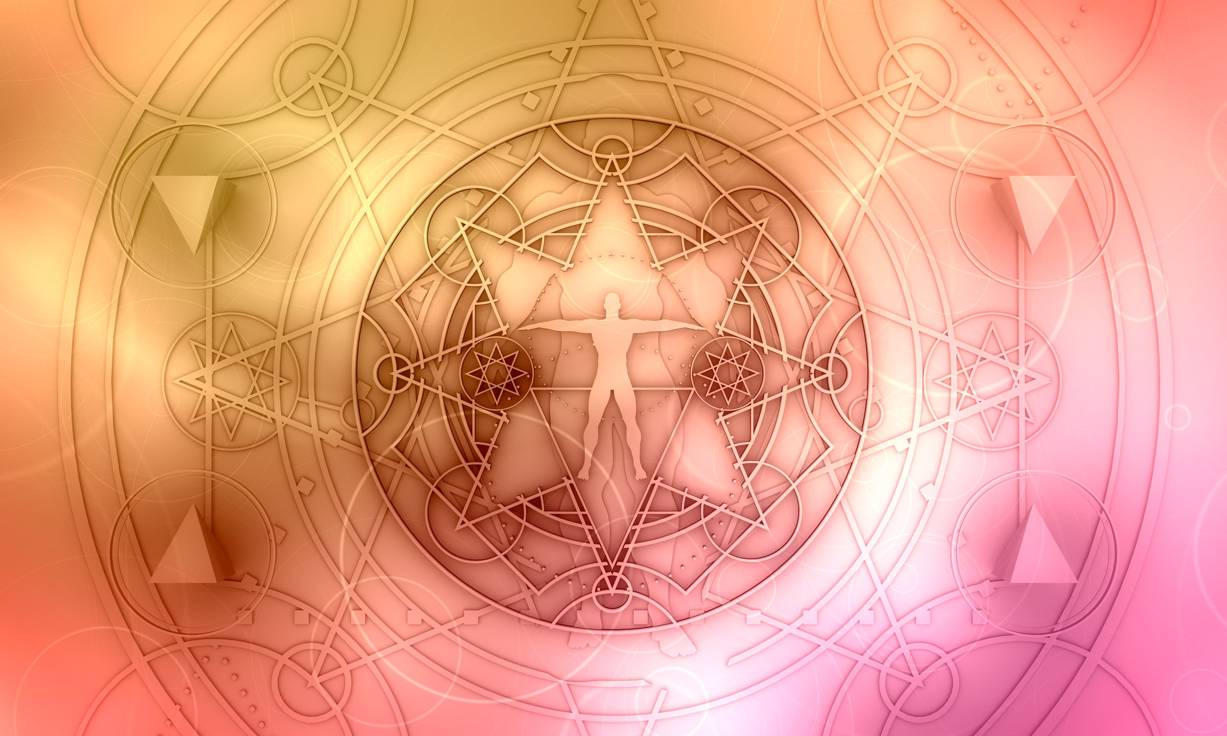 Mystery, witchcraft, occult and alchemy tattoo sign. Mystical vintage gothic geometry thin lines symbol with silhouette of a muscular man. 3D rendering