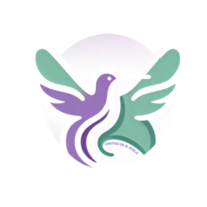Logo with two stylized hummingbirds, one purple and one teal, facing each other over a white circle with text Contigo en el Duelo.