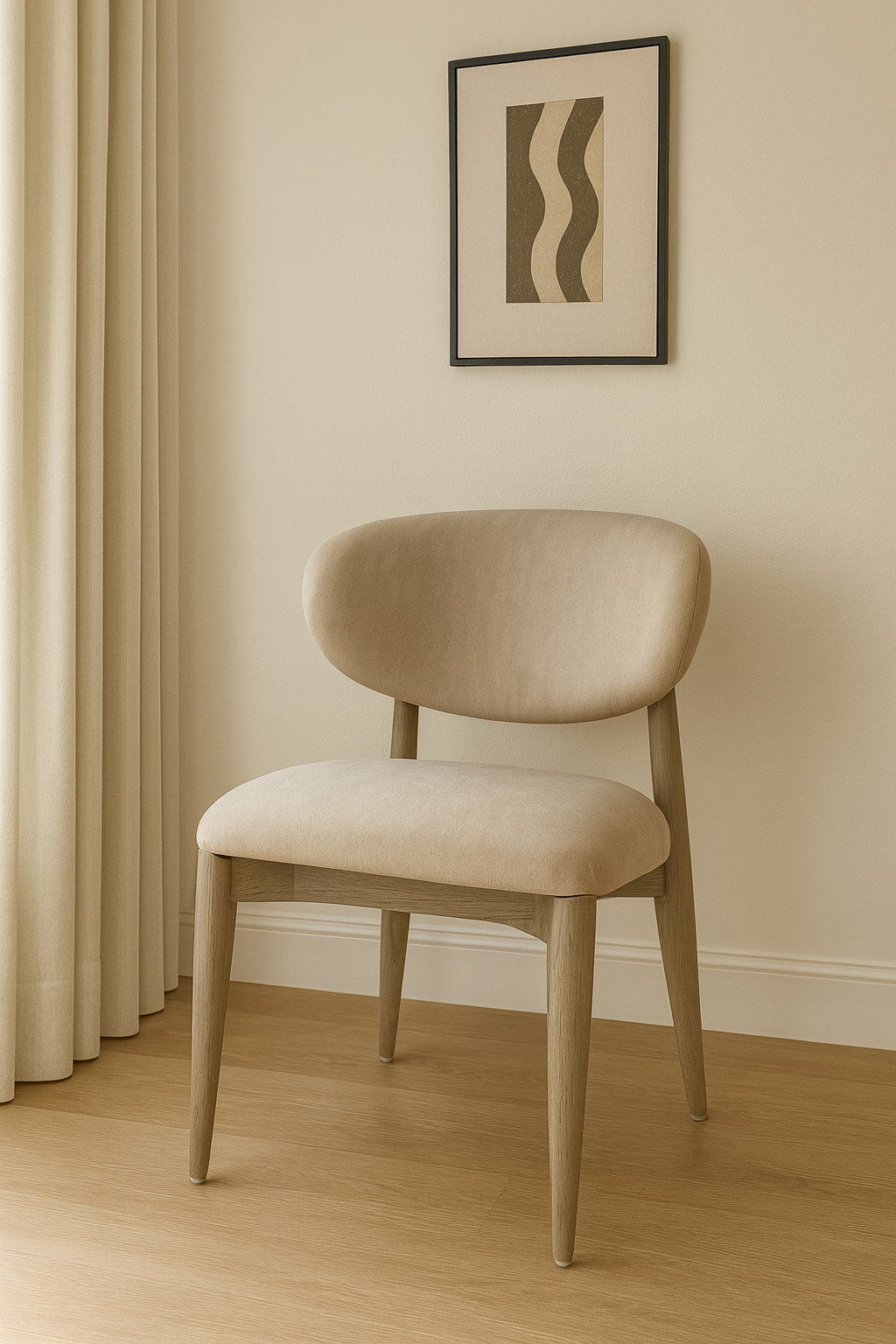 Silla moderna con estructura de madera de encino color gris, de patas delgadas y estilizadas