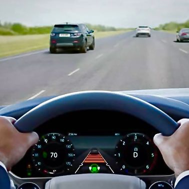 Enhanced cruise control display on steering wheel and dashboard showing adaptive speed settings