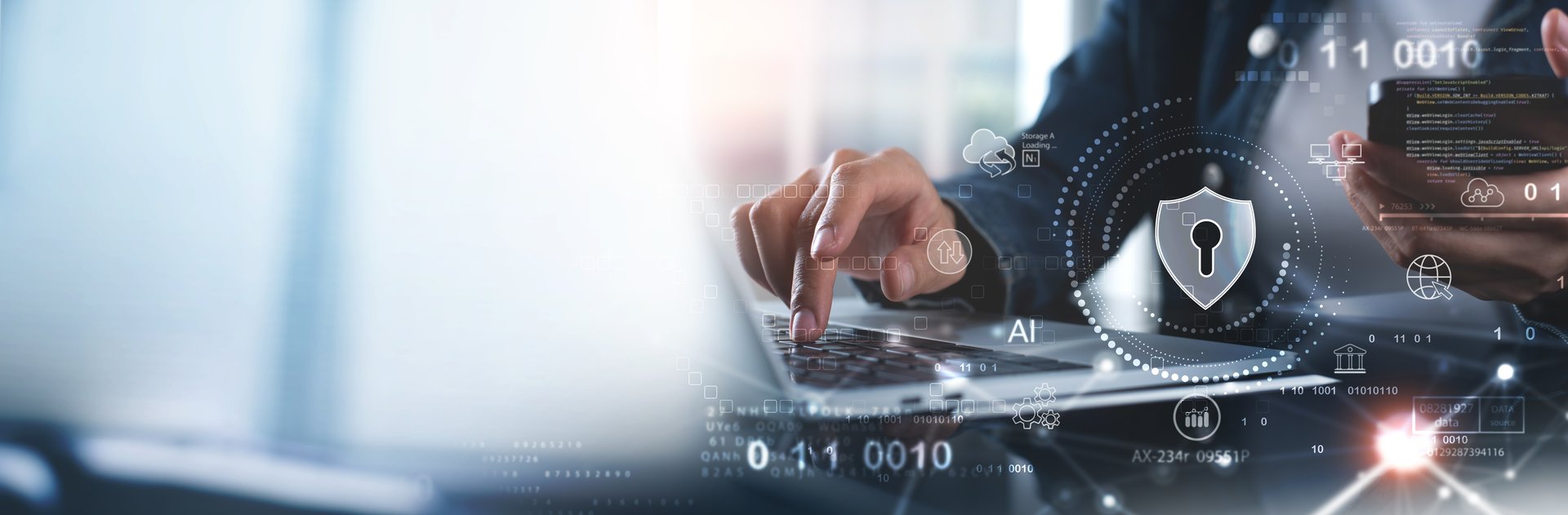 Cyber security network. Data protection concept. Businessman using laptop computer with digital padlock on internet technology networking with cloud computing and data management, cybersecurity