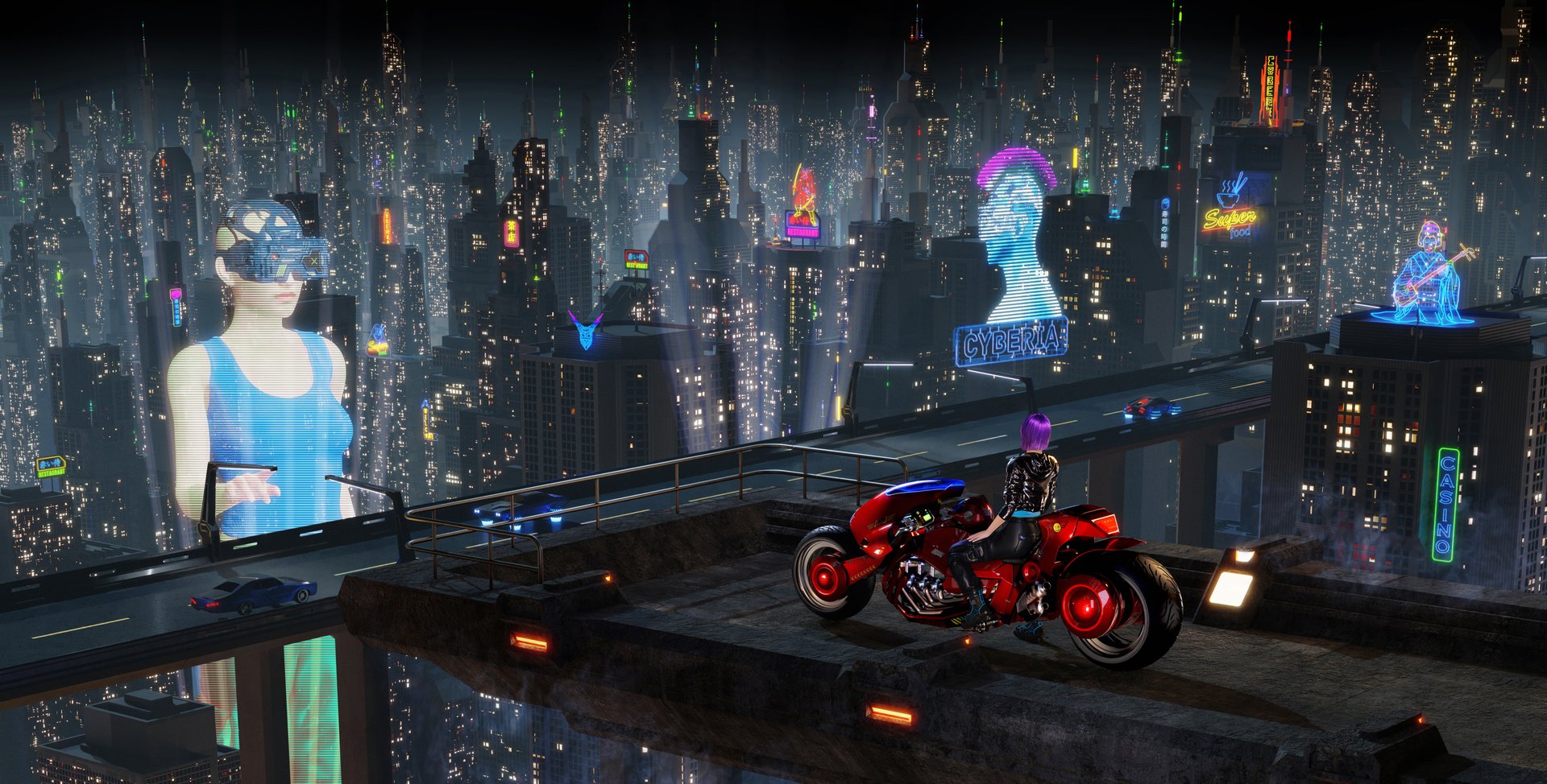 Cyberpunk biker girl. Futuristic cyberpunk night city scene. 3D illustration