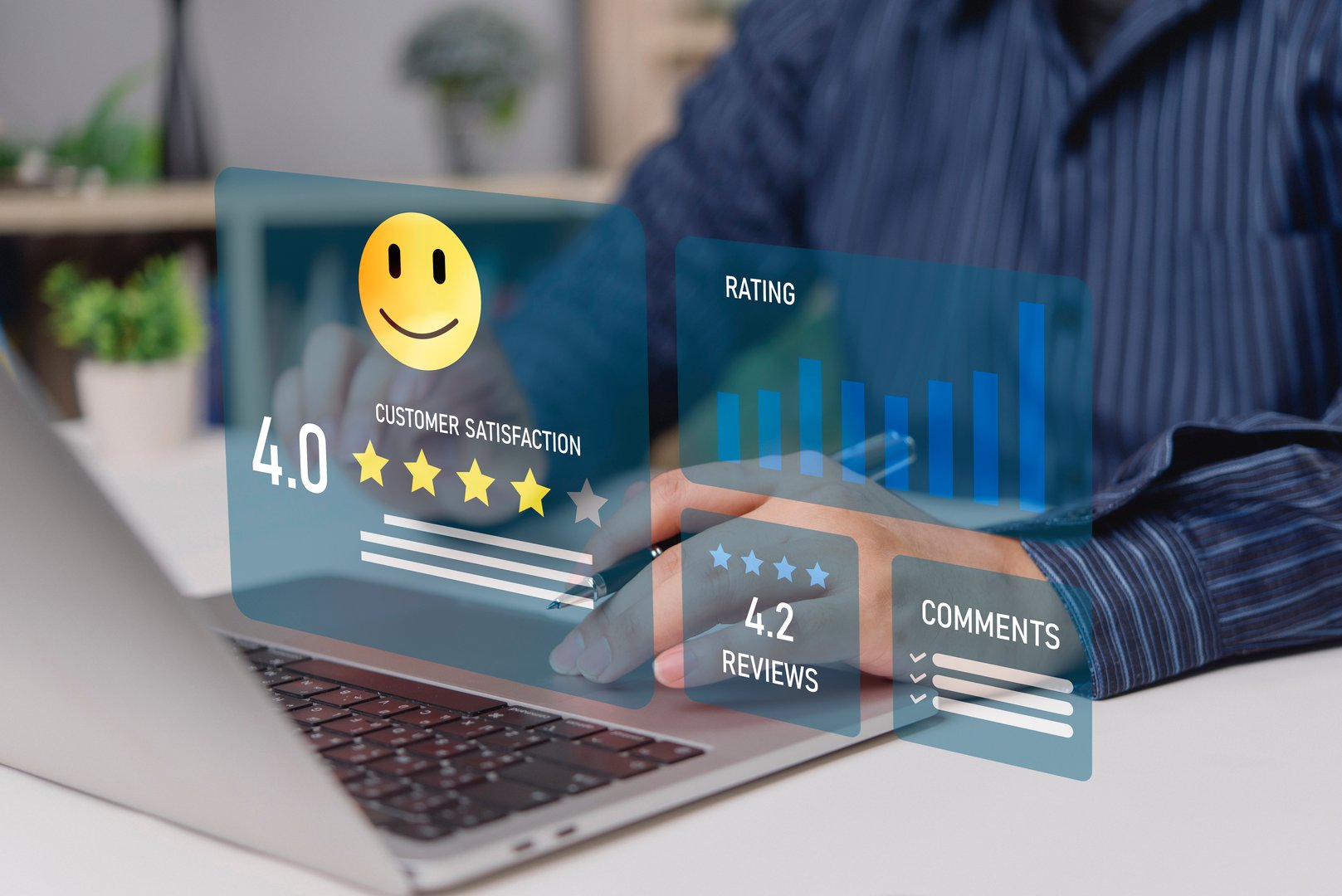 marketing manager checks customer satisfaction rating review feedback star score comment survey dashboard on laptop workspace to analyze nps trends service quality. concept customer experience