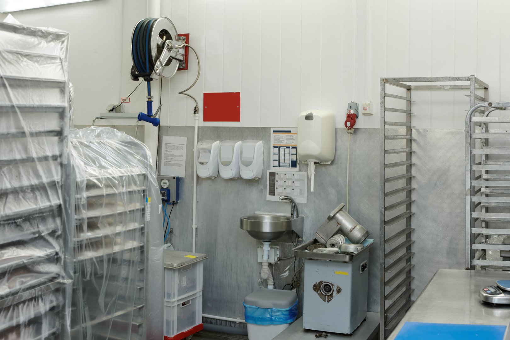 Food processing plant storage room with rack trolleys and hand washing area