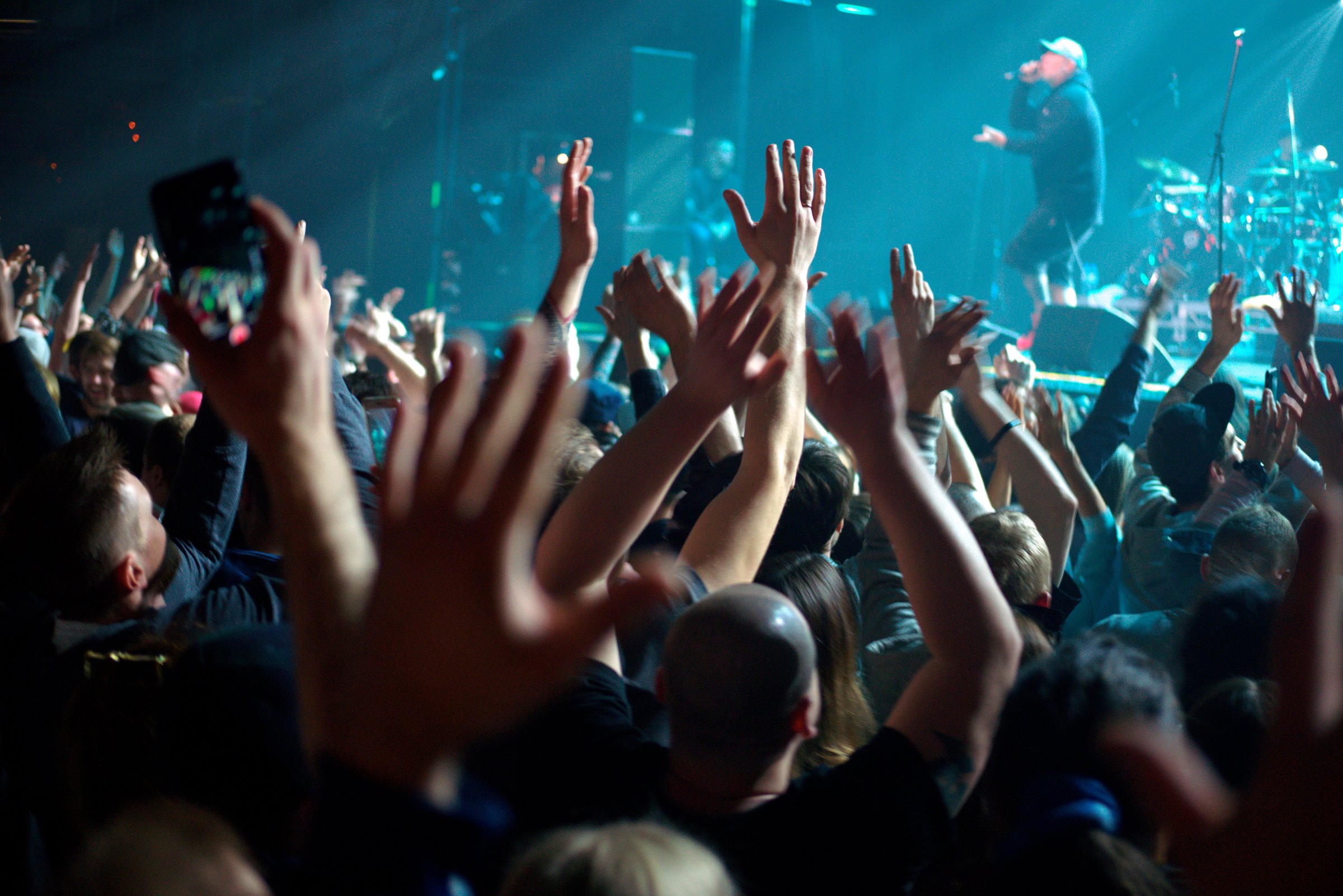Concert crowd with raised hands, blue lighting, and a performer on stage. Energetic atmosphere.