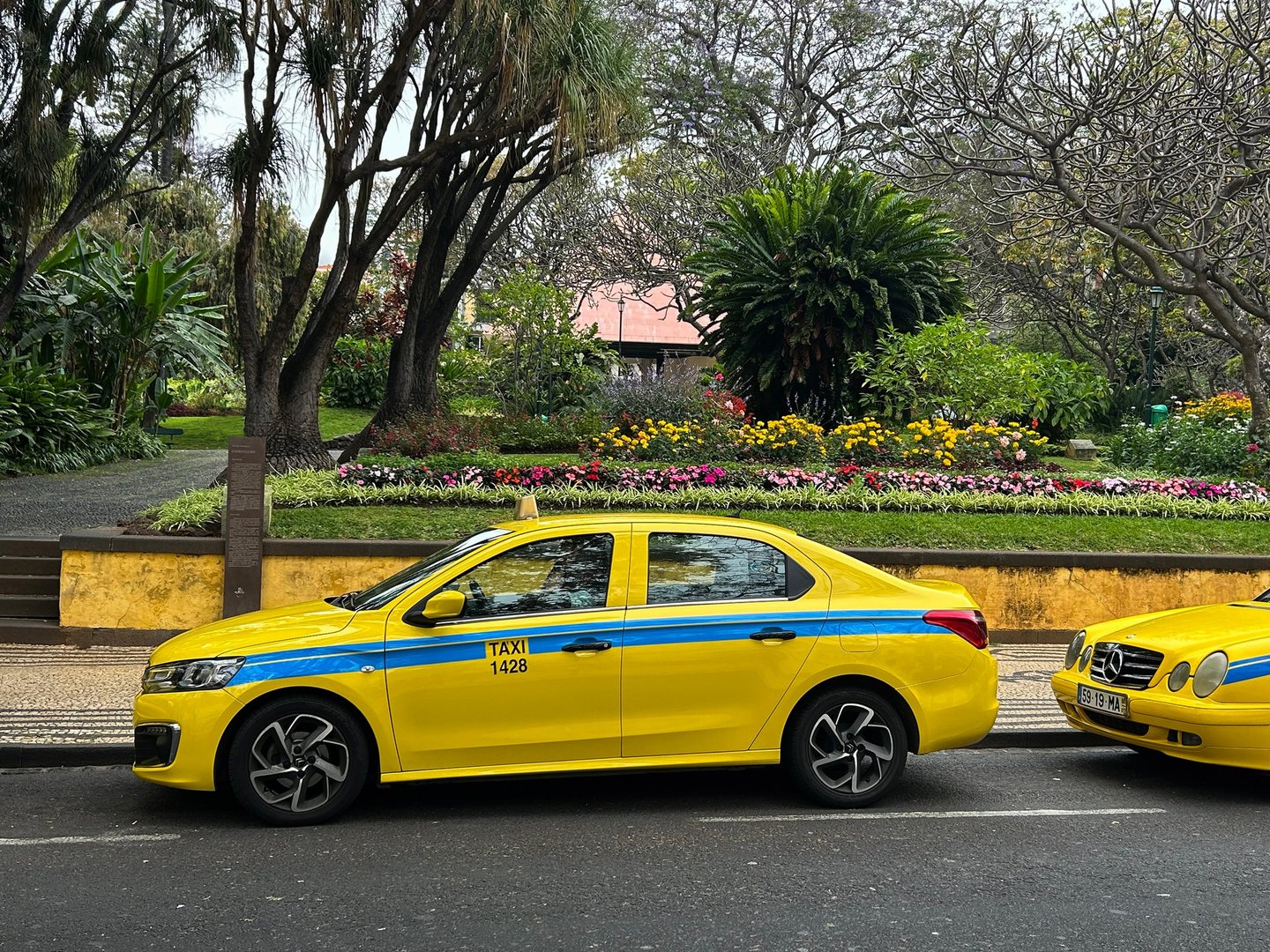 Funchal, Portugal - May 27, 2025: Yellow taxi parked on city street on a summer day.