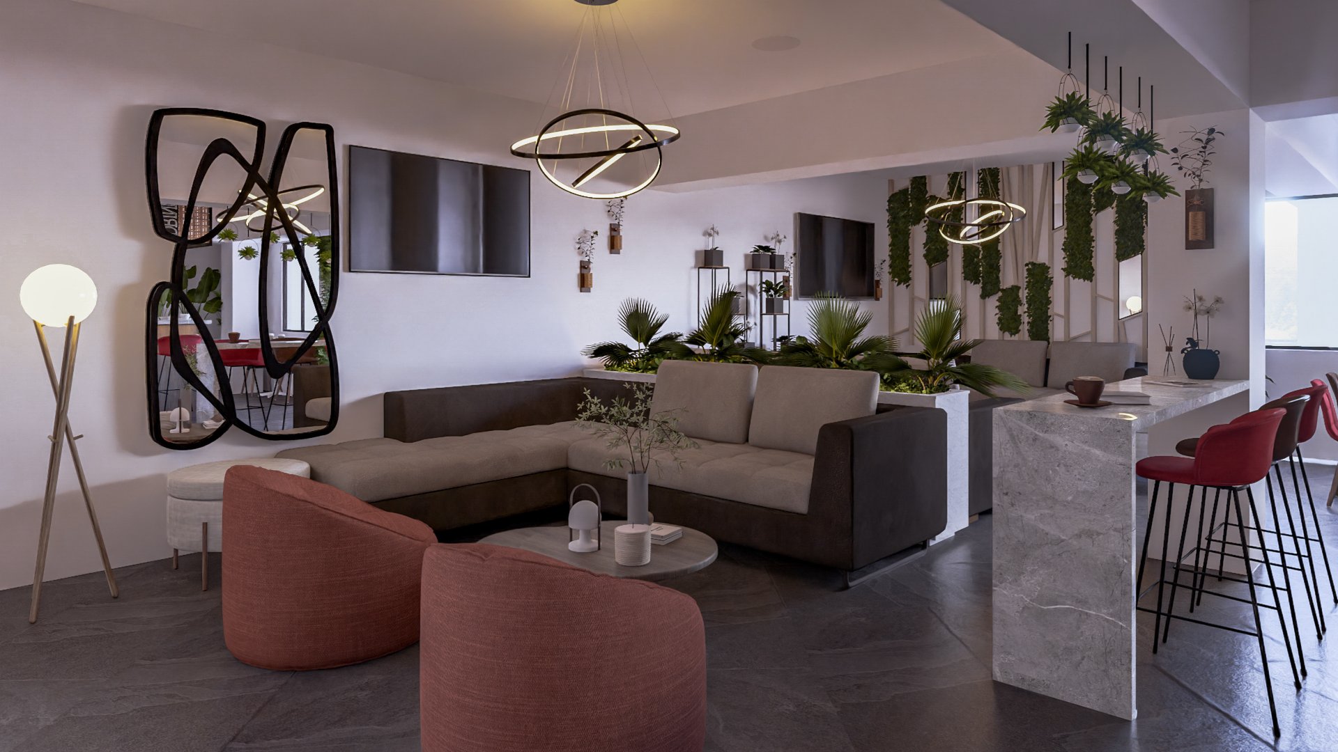 Modern living room with sectional sofa, red chairs, abstract mirror, pendant lights, and indoor plants.