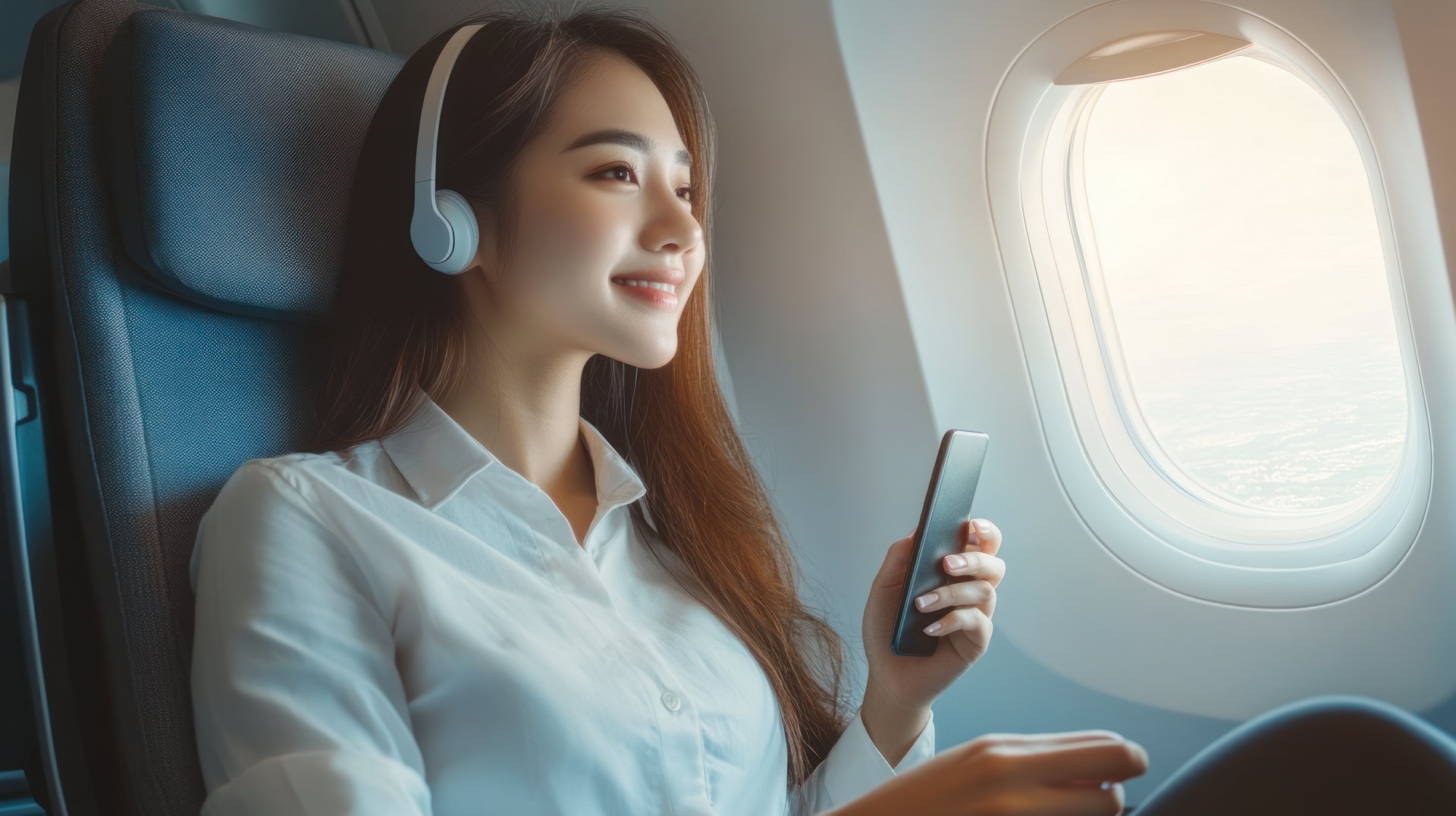 Woman wearing headphones, holding a smartphone, smiling while looking out an airplane window.
