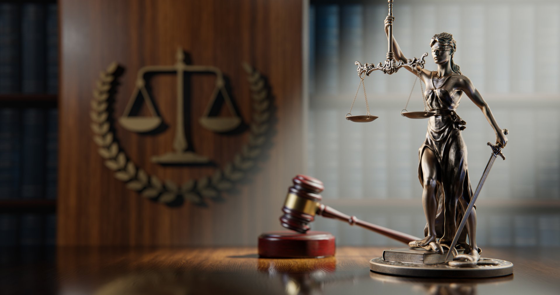 Legal Concept: Themis is the goddess of justice and the judge's gavel hammer as a symbol of law and order and scales icon on the background of books.