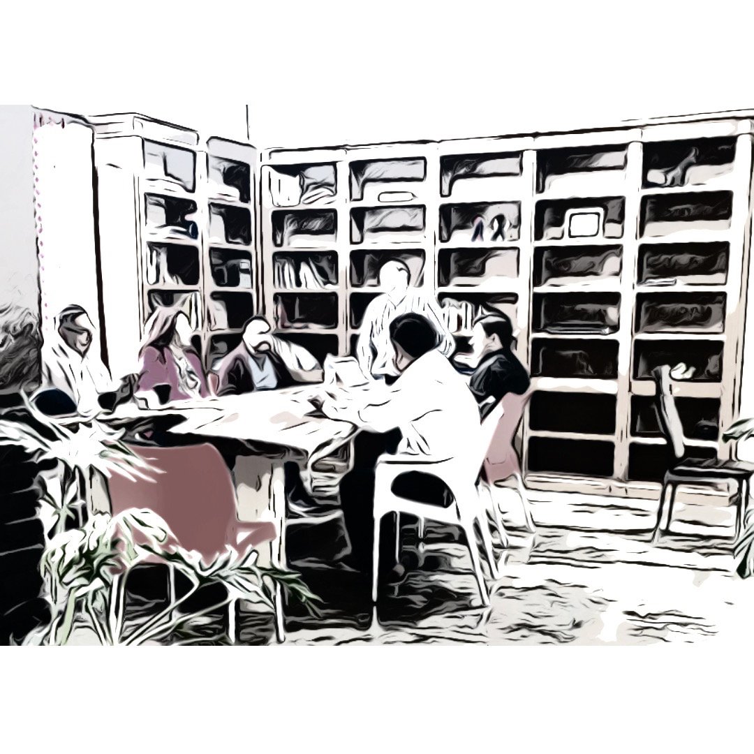 Illustrated image of people sitting around a table in a library-like room with bookshelves in the background.