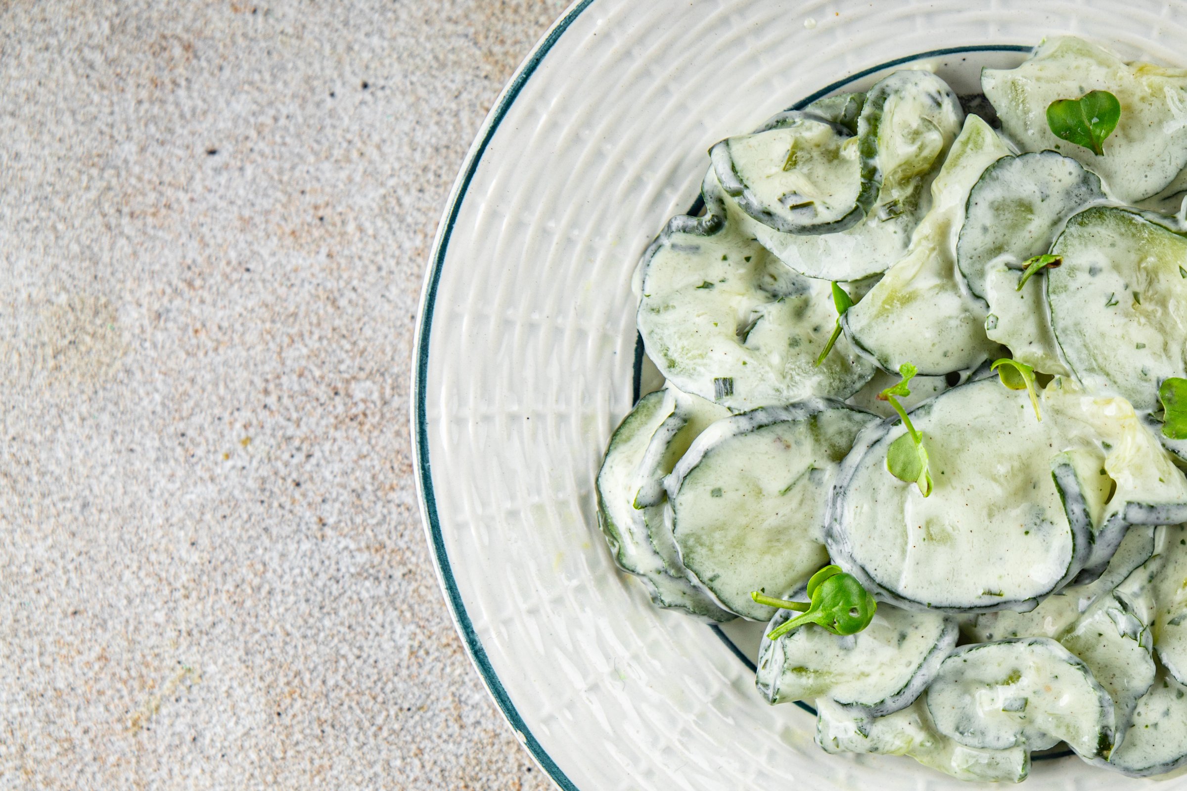 ucumber salad fresh cream tasty food dish fresh delicious gourmet food background on the table rustic food top view copy space top view keto and paleo diet Vegetarian and vegan food