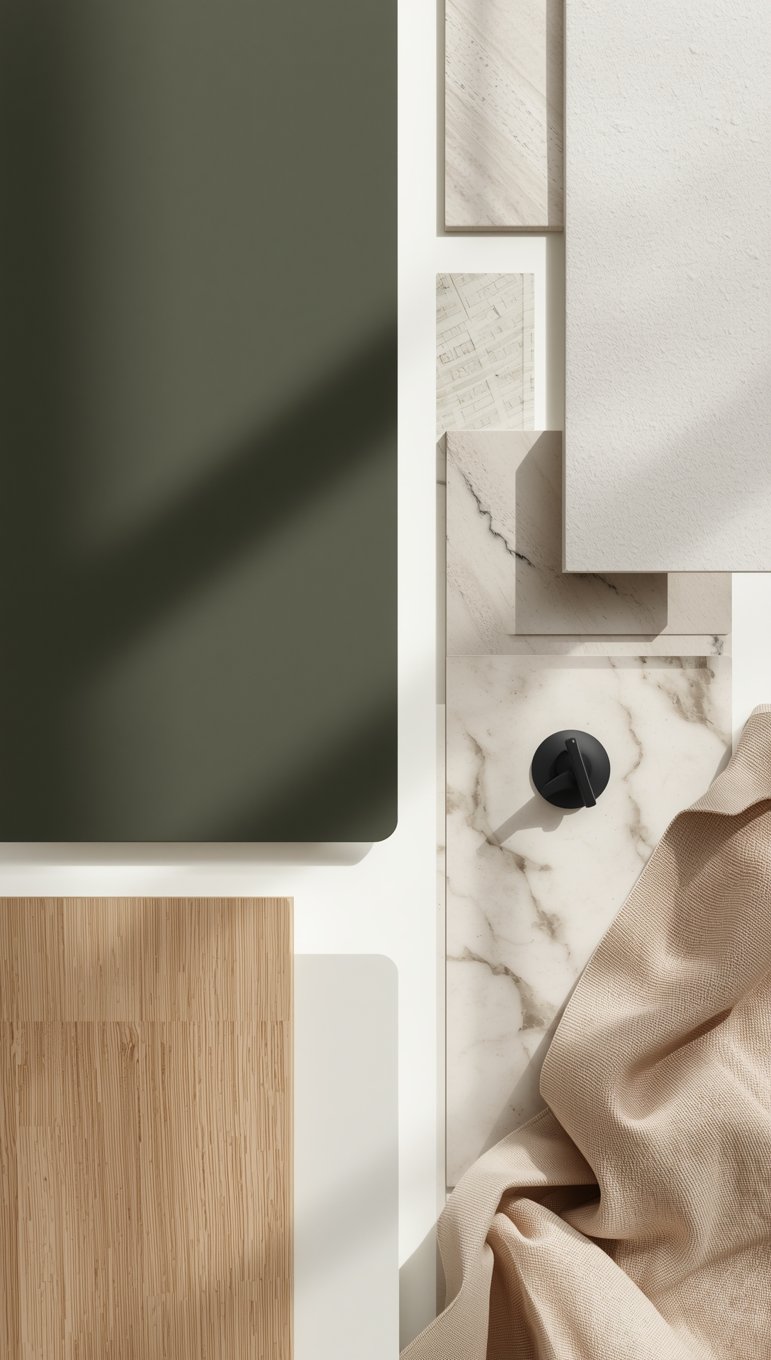 Moodboard for grønt kjøkken med mørkt treverk – dyp grønn, mørkt tre og rolige steintoner.