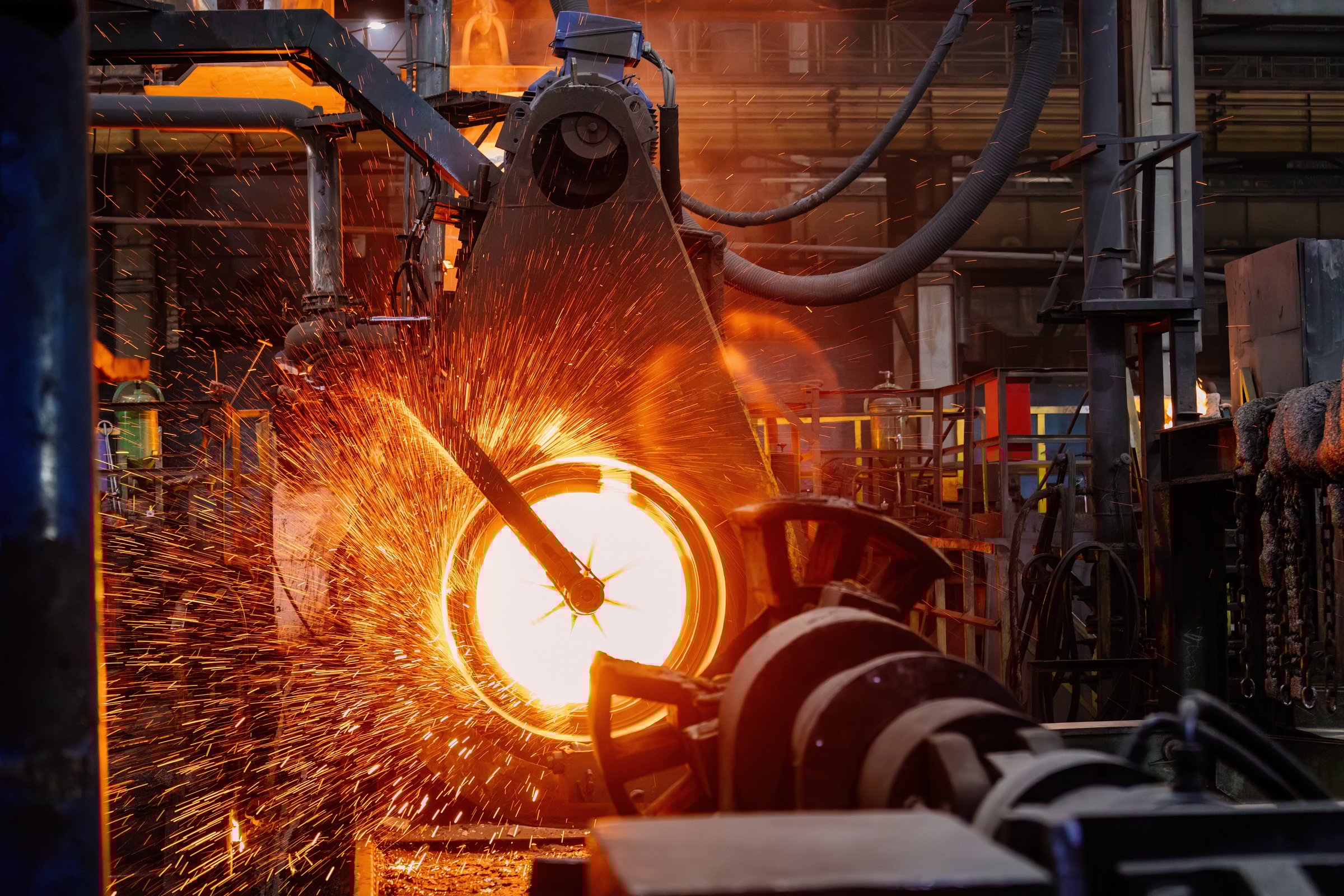 Iron pipe centrifugal pipe casting machine at the foundry.