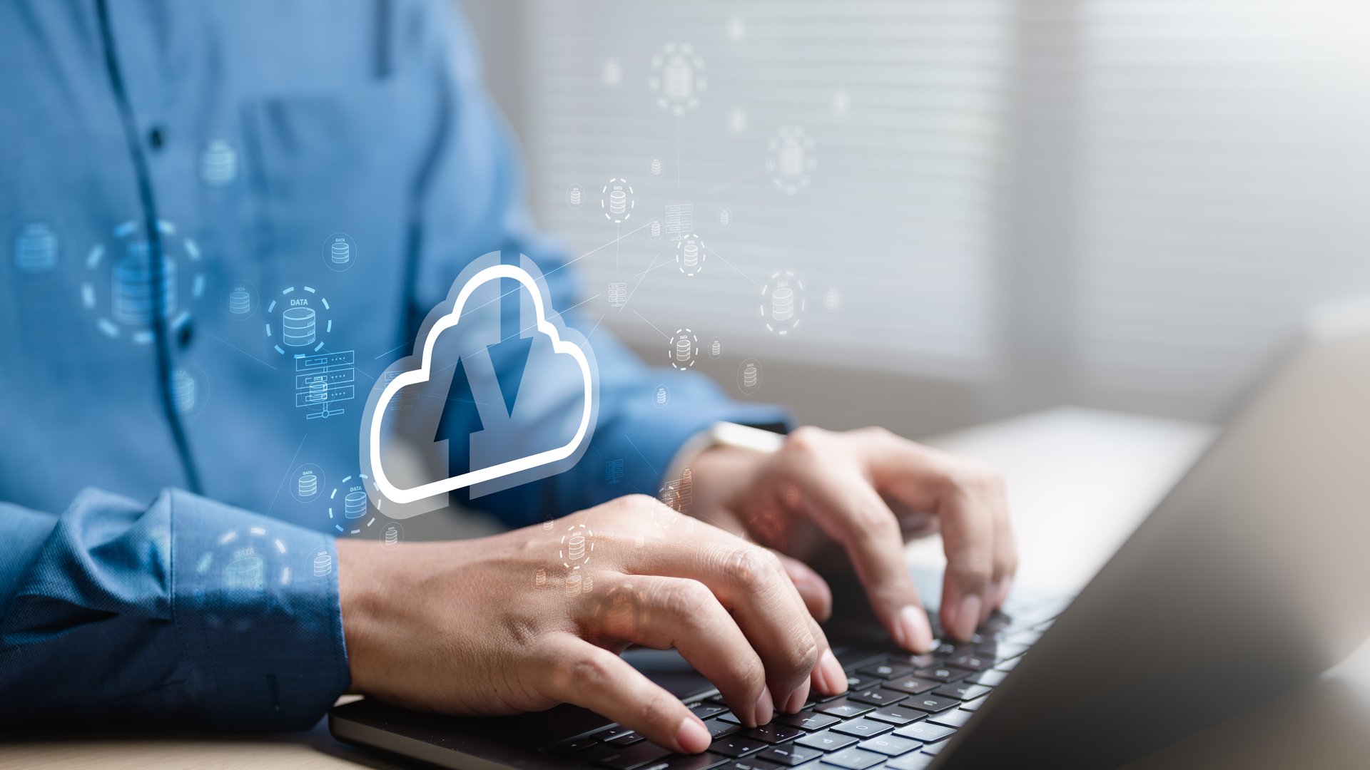 Cloud computing technology. Cloud database connect. Data server storage management. Data cloud concept. Network computer. typing laptop server data center network service transmission transfer.