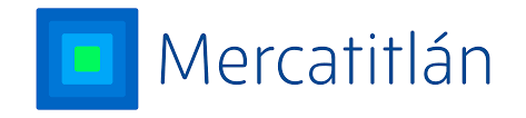 Logo of Mercatitlán featuring a blue and green square icon with the brand name written in blue text beside it.
