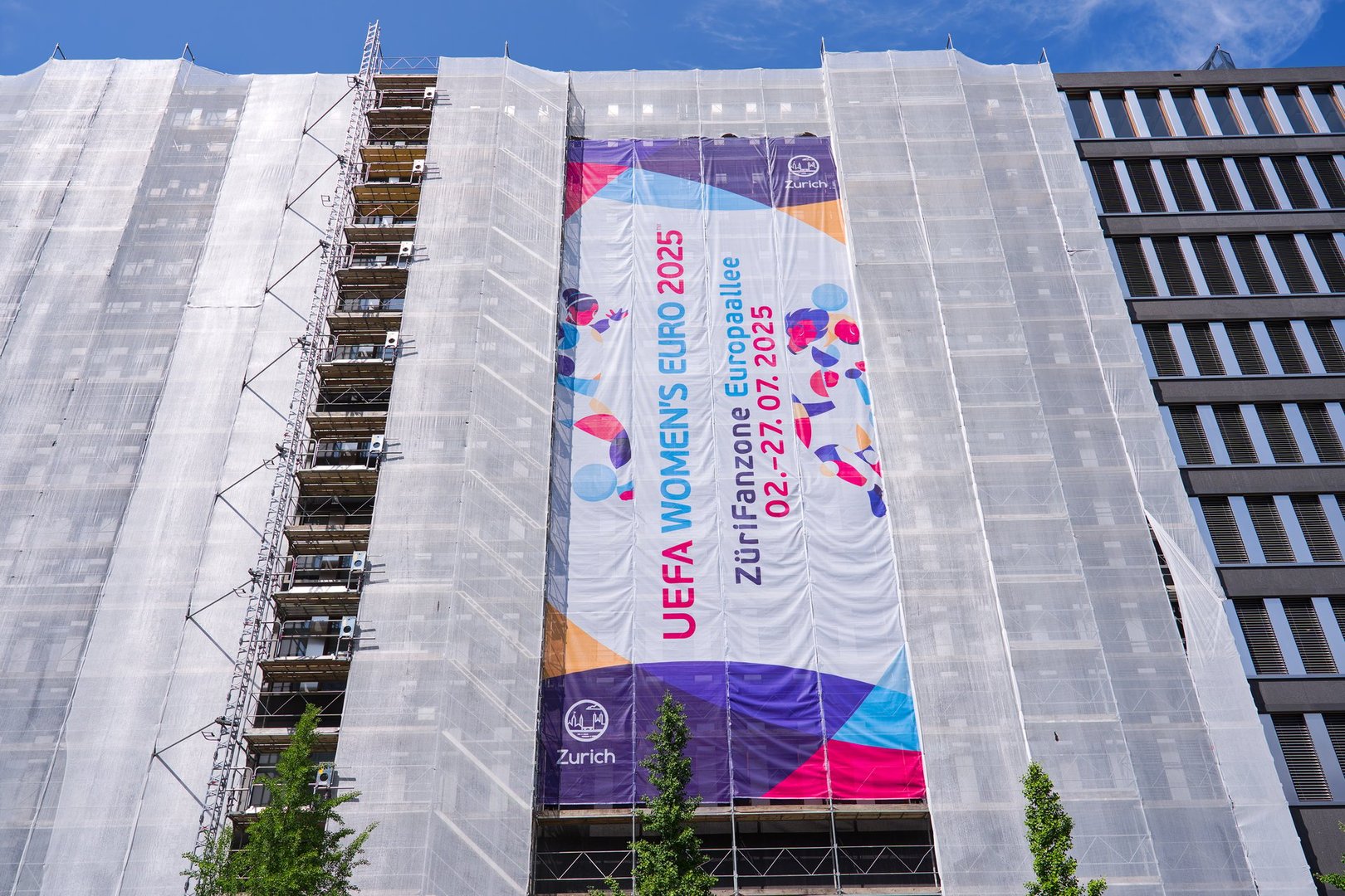 Scaffolding with Uefa Women's Euro 2025 banner at Europaallee at Swiss city of Zürich on a sunny late spring day. Photo taken June 12th, 2025, Zurich, Switzerland.