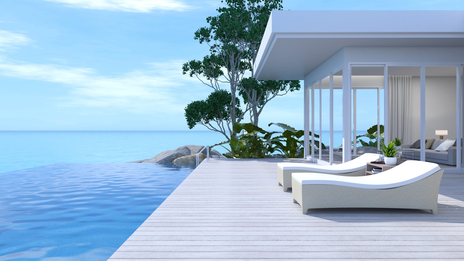 Sunbathing on the seaside terrace with swimming pool, sunny blue sea view with white clouds. 3d illustration.