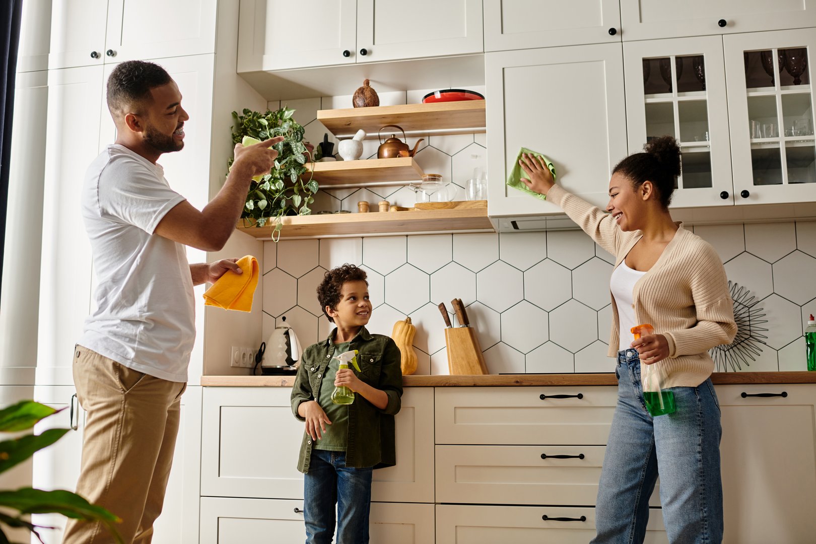 Joyful moments as a family cleans the kitchen together, creating lasting memories and connections.
