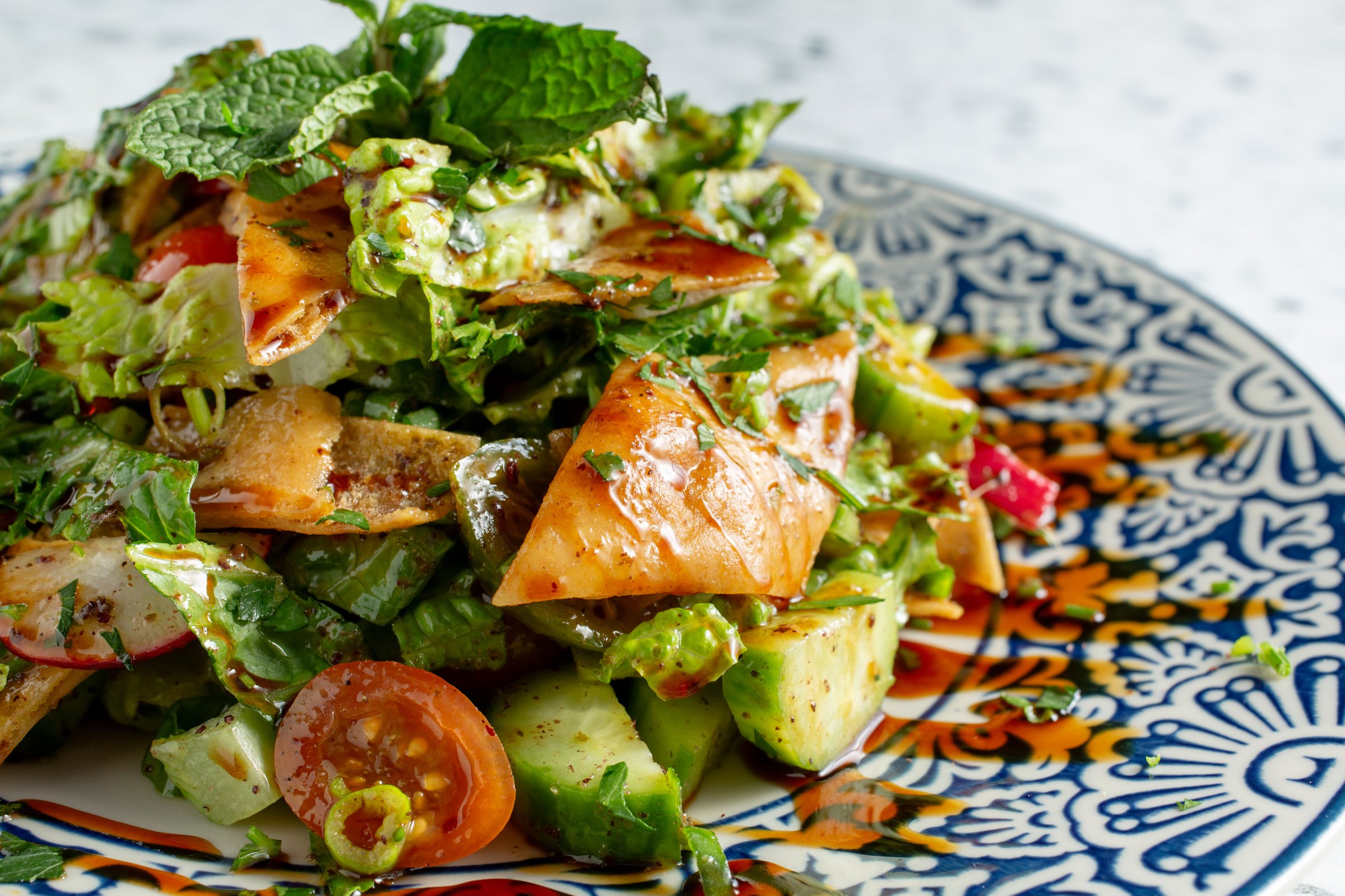 A closeup view of a plate of fattoush.