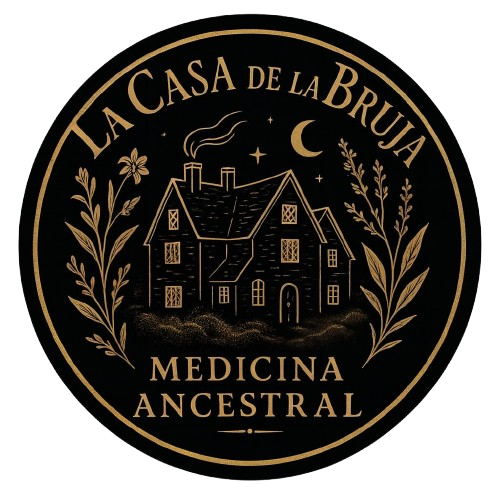 Illustration of a house with a moon and stars, surrounded by plants. Text: La Casa de la Bruja Medicina Ancestral.