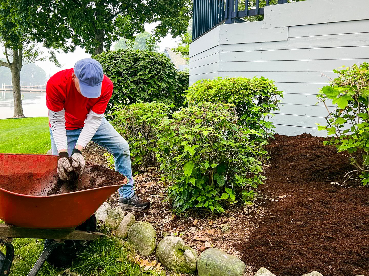 Fall yard cleanup with leaves
