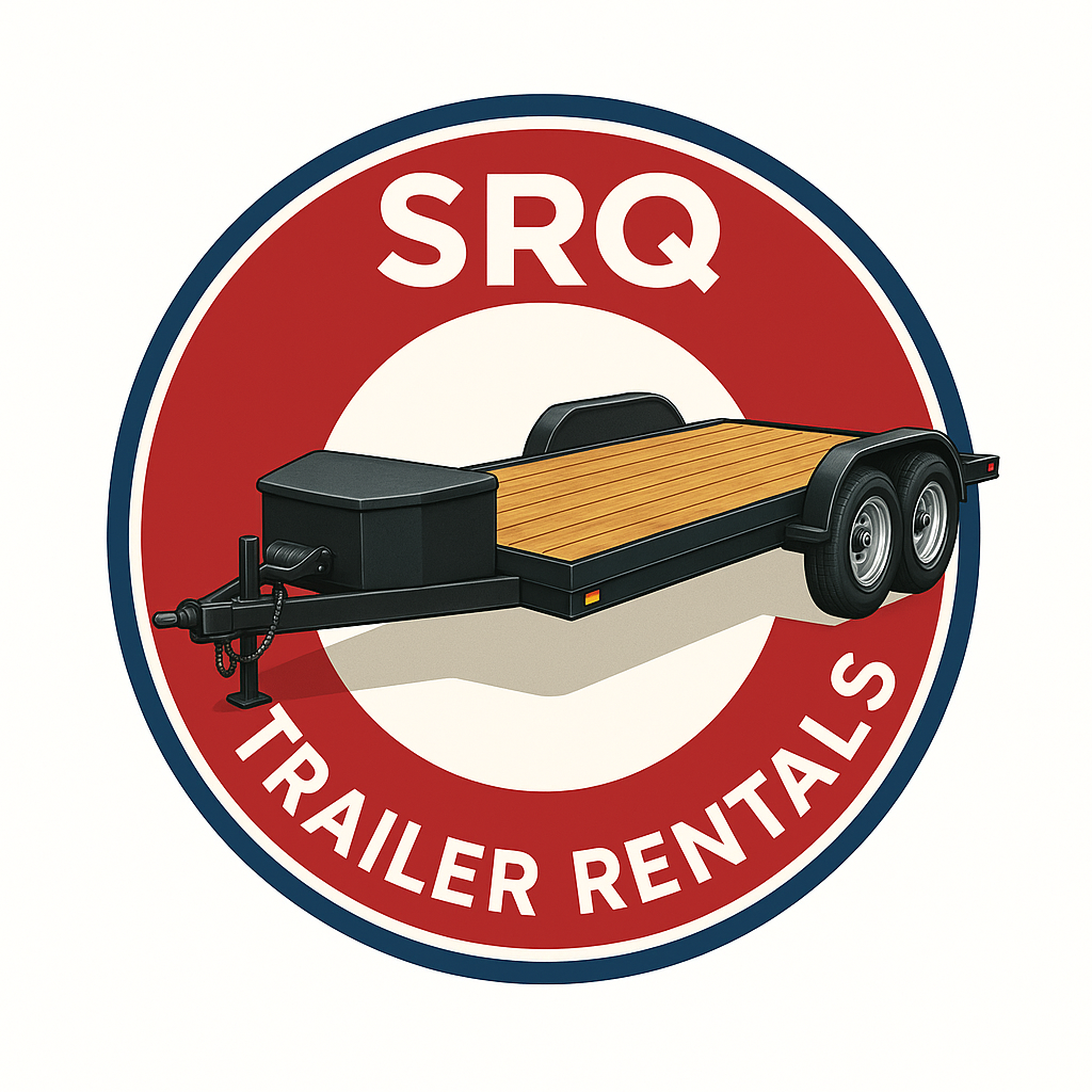 Logo of SRQ Trailer Rentals with a red trailer icon and bold red and blue text.
