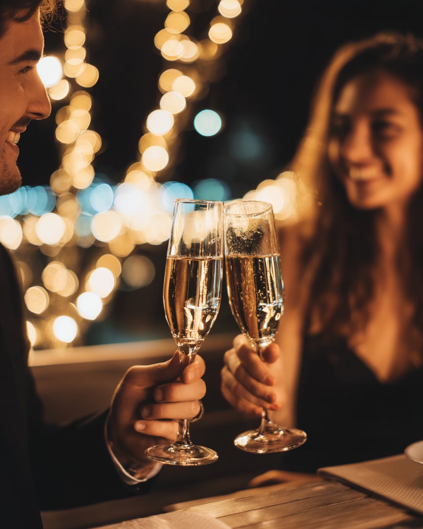 A couple clinking glasses of champagne, smiling, with warm bokeh lights in the background, creating a romantic atmosphere.