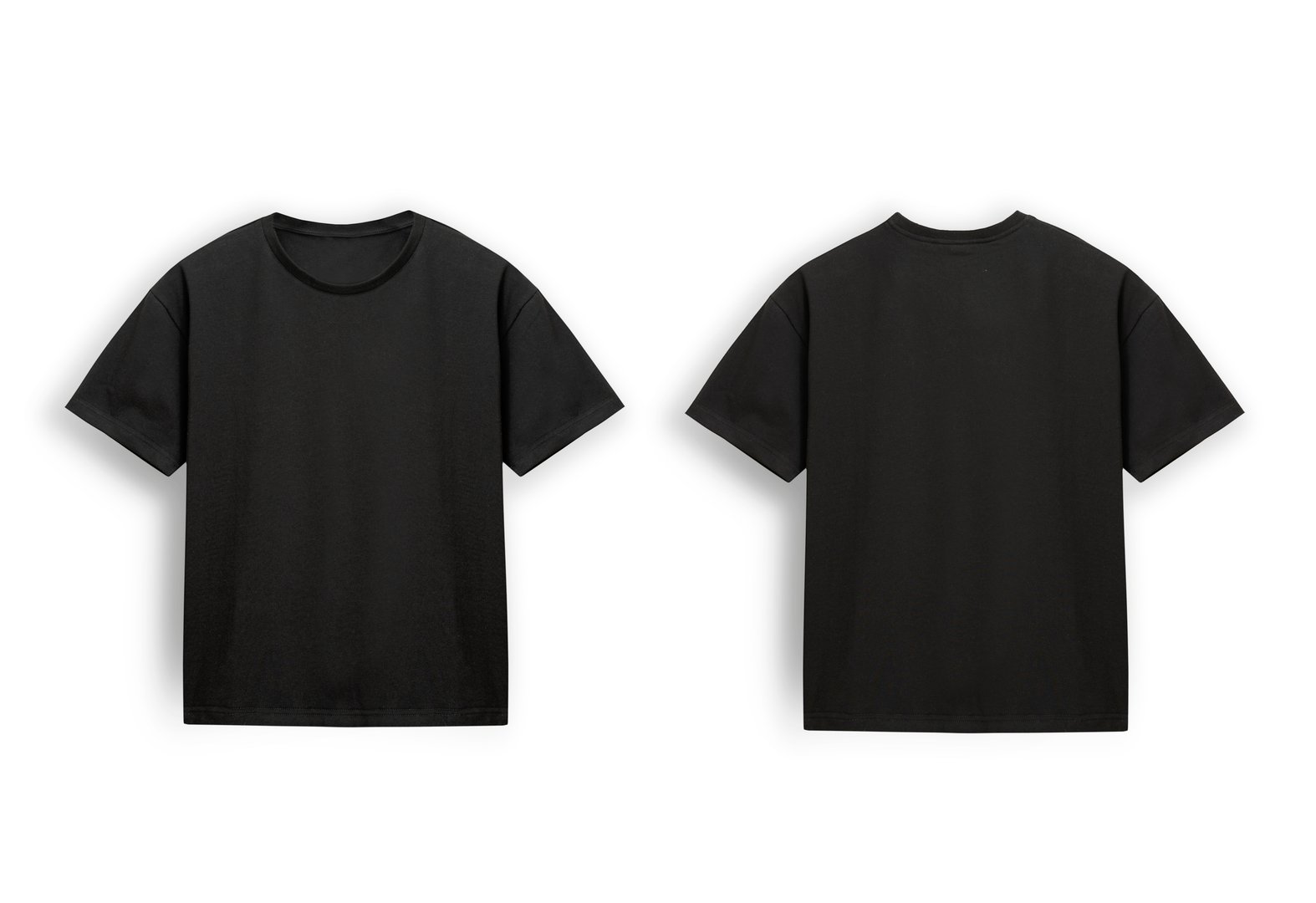 Black cotton t-shirt front back side isolated on white with shadow, male tshirt object nobody, men's shirt front side. Print advertisement design.