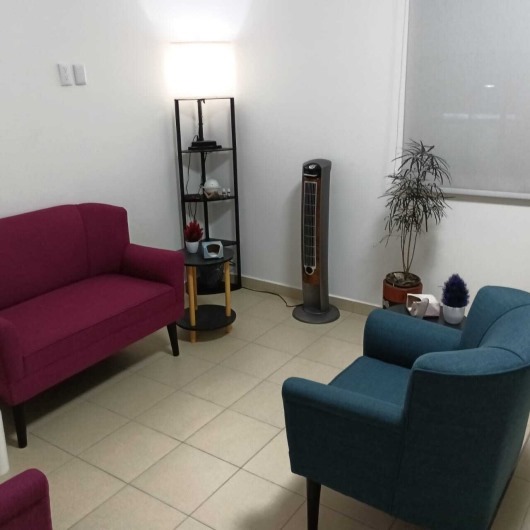 A small waiting room with a purple loveseat, blue chair, standing fan, potted plants, and a tall shelf with a lamp.