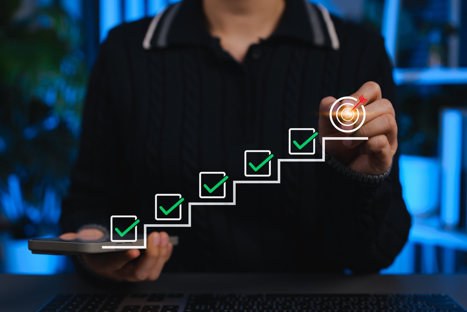 Step-by-step checklist concept toward goal achievement. Person marks completed tasks in digital workflow