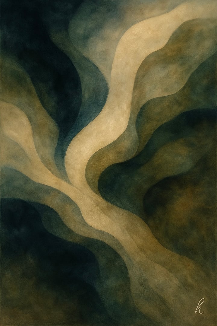 Abstract painting with flowing organic shapes in dark green, beige, and light tan hues, creating a sense of movement.