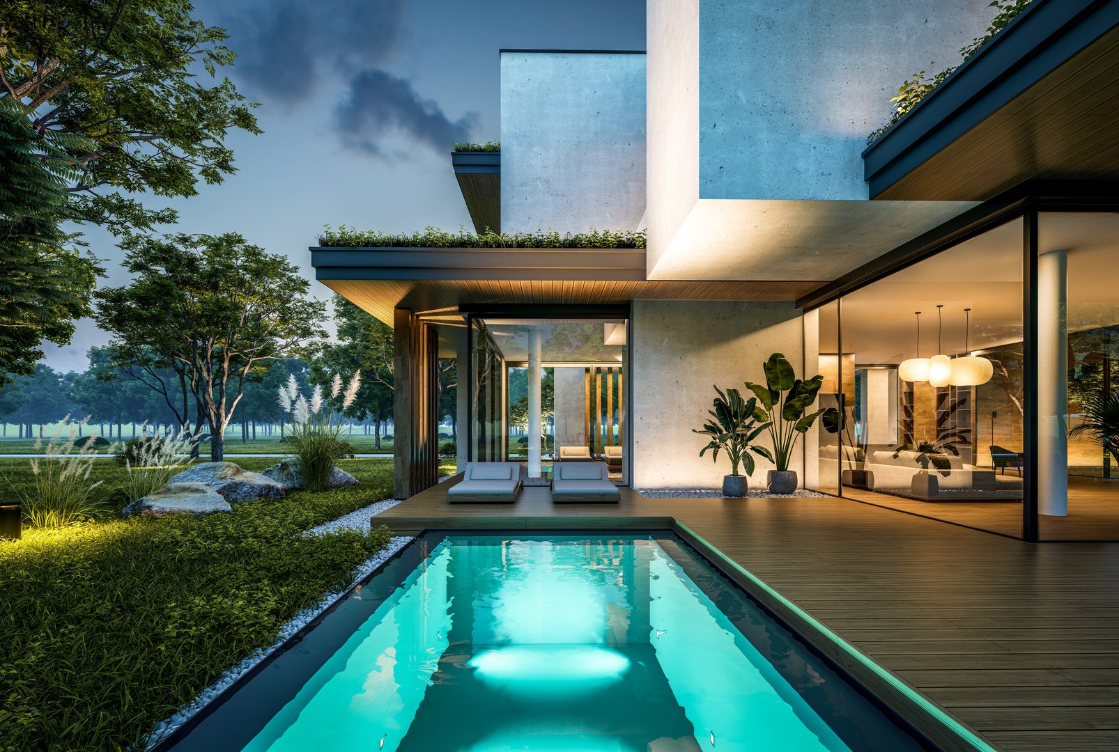 3d rendering of two-story house with parking and pool for sale or rent with concrete facade and beautiful landscaping. Clear summer night with many stars on the sky