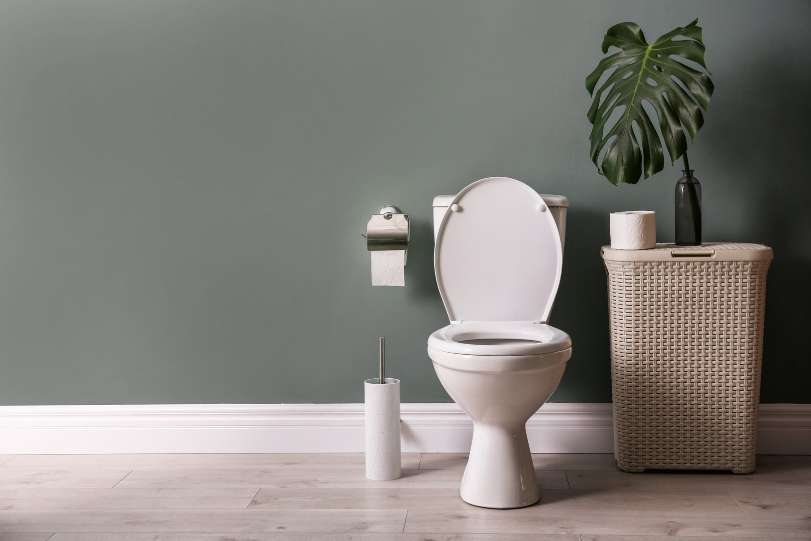 A white toilet sits in a modern bathroom against a muted green wall.  The clean, minimalist aesthetic embodies hygiene, comfort, and contemporary living, perfect for interior design and home improvement.