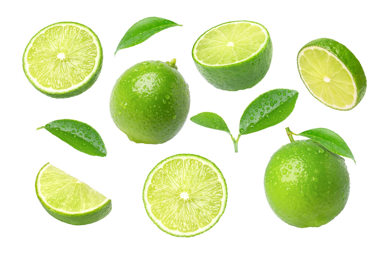 fresh limes flying  on white background