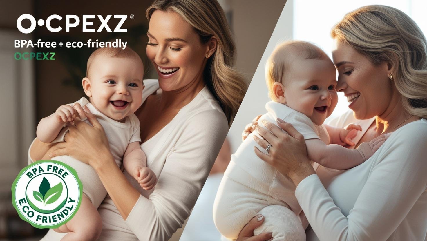Woman joyfully holding a baby, promoting BPA-free and eco-friendly products with a logo and text, "OCPEXZ."