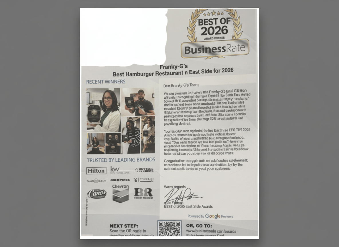 Franky-G's award certificate