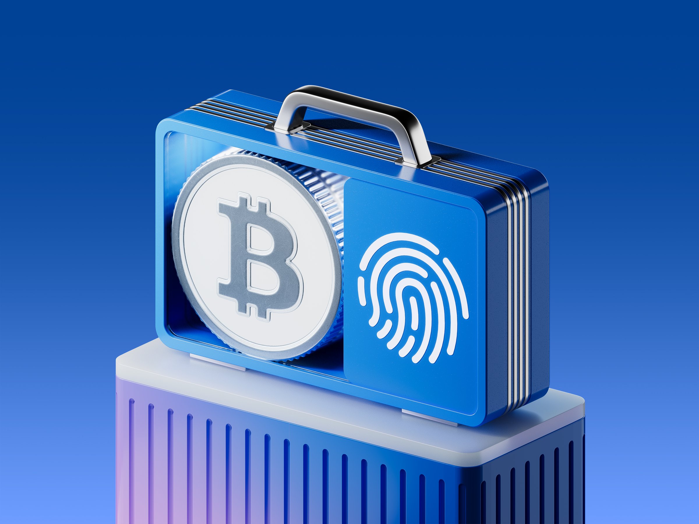 3D icon of a secure suitcase featuring Bitcoin and fingerprint, symbolizing cryptocurrency security, account protection, digital identity, and blockchain privacy.